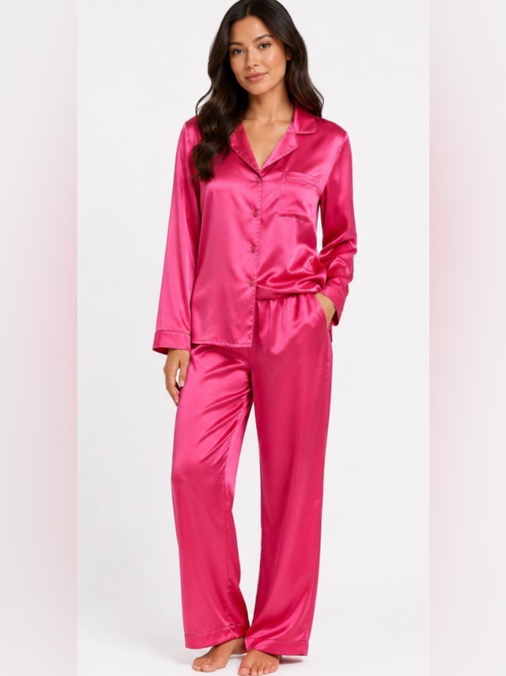 Silky Fuchsia Satin Pajama Set - Women's Long Sleeve Sleepwear NWT Large